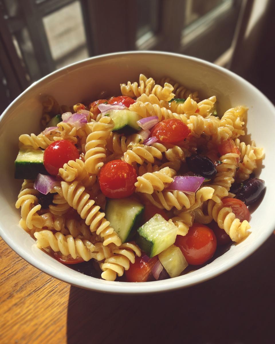 Ensalada de pasta con tomate cherry, pepino, cebolla morada y aceitunas en un bol blanco.