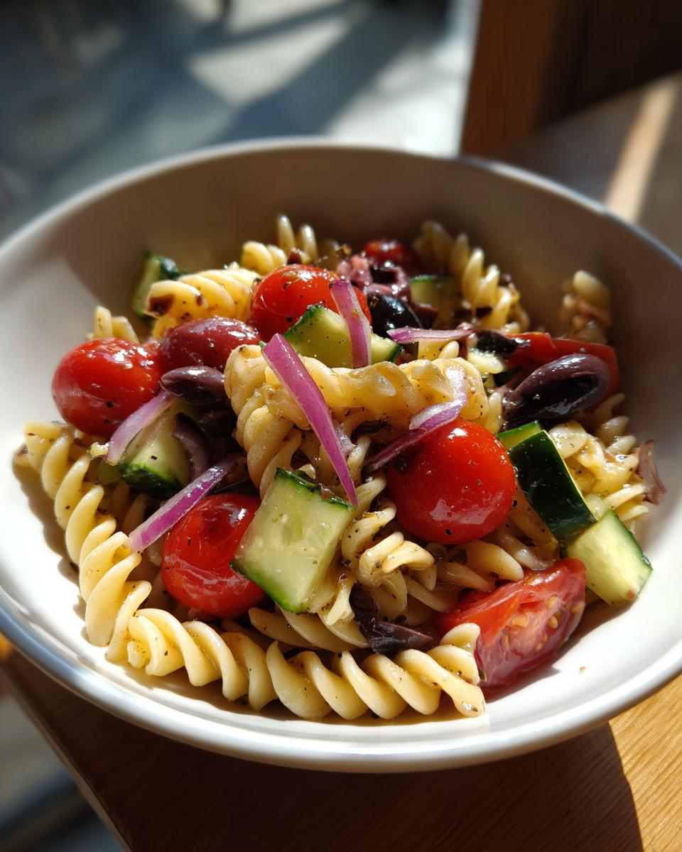 Ensalada de pasta con tomates cherry, pepino, cebolla morada y aceitunas en un plato blanco