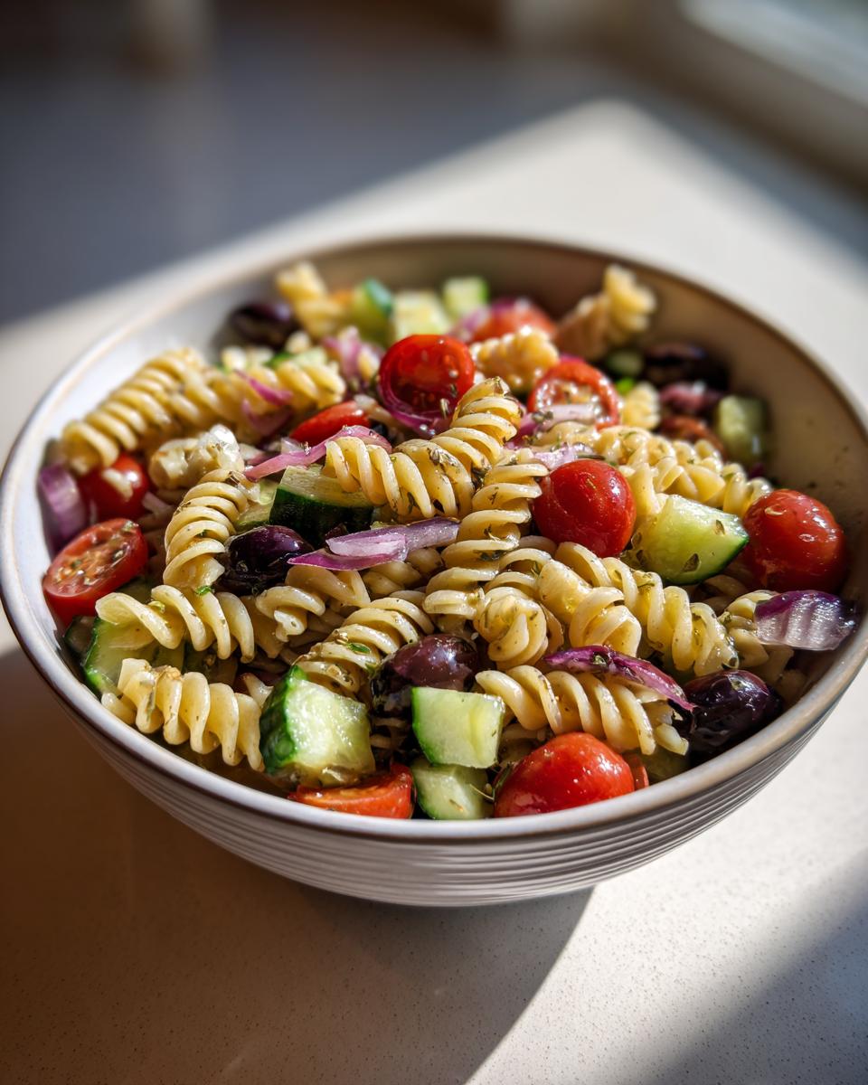 Ensalada de pasta con tomates cherry, pepino, aceitunas y cebolla morada en un bol blanco
