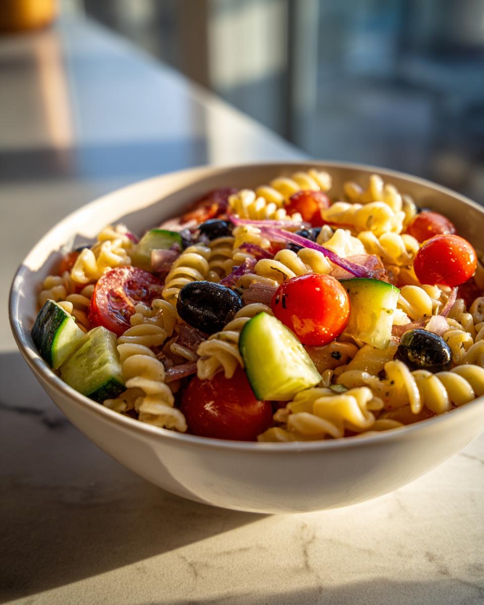 Ensalada de pasta con tomate cherry, pepino y aceitunas en un bol blanco para picnic