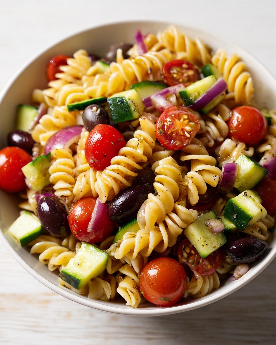 Ensalada de pasta con tomates cherry, pepino, aceitunas y cebolla morada, ideal para recetas para picnic