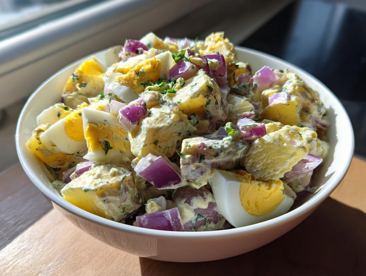 Ensalada de patata con huevo duro y cebolla morada en un bol blanco, ideal para recetas para el 1 de mayo
