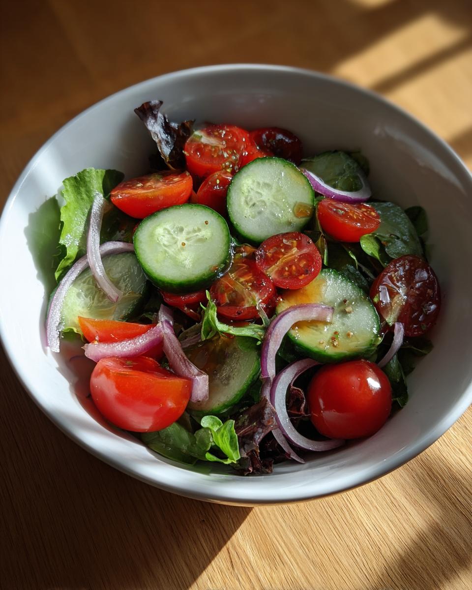 Ensalada de primavera con rodajas de pepino, tomates cherry, cebolla morada y hojas verdes en un bol blanco
