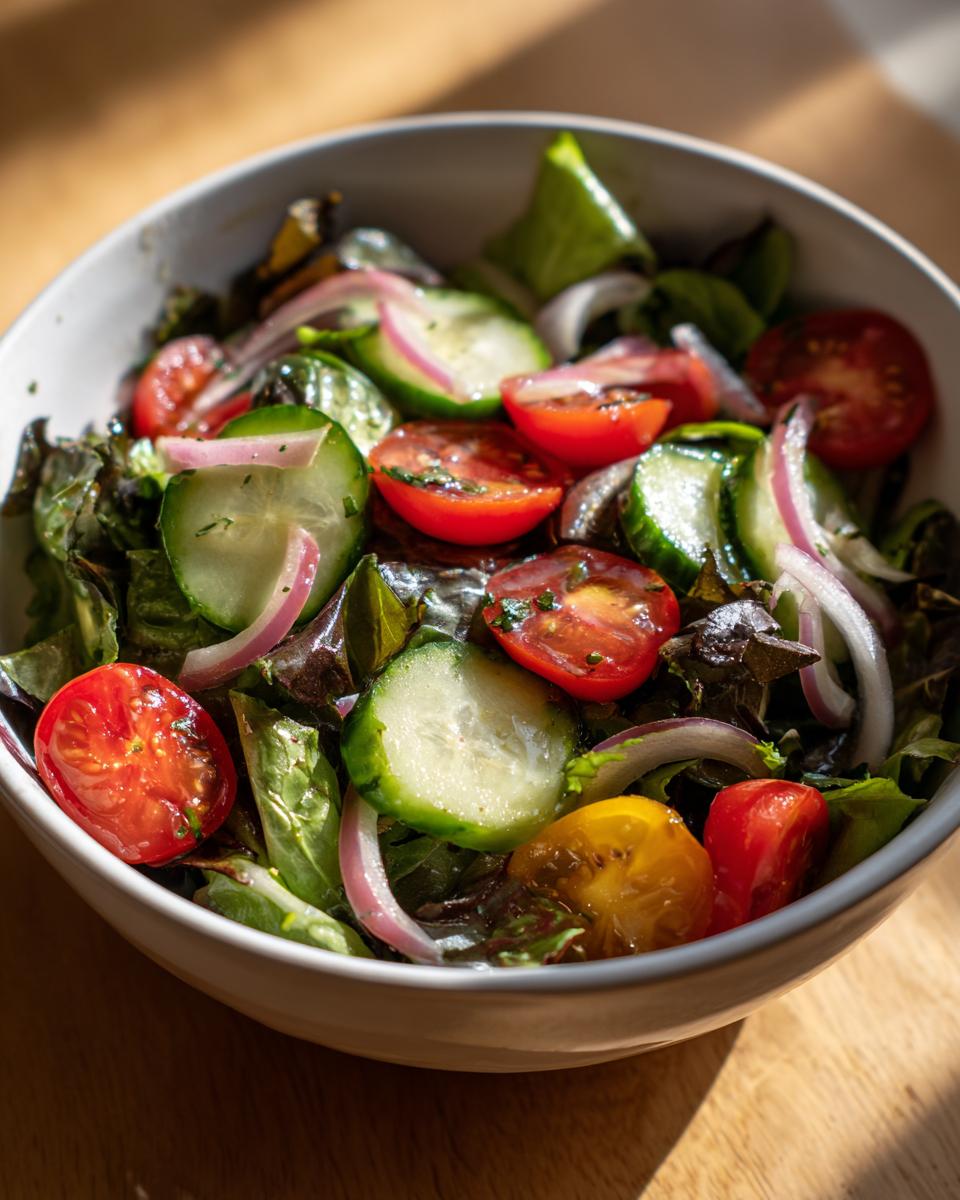 Ensalada de primavera con lechuga, tomate cherry, pepino y cebolla morada en un tazón blanco