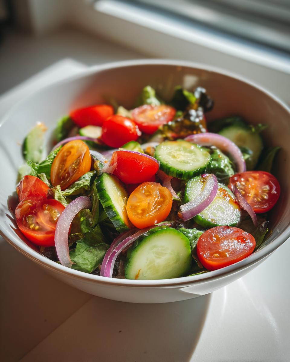 Ensalada de primavera con tomate cherry, pepino, cebolla morada y lechuga en un bol blanco