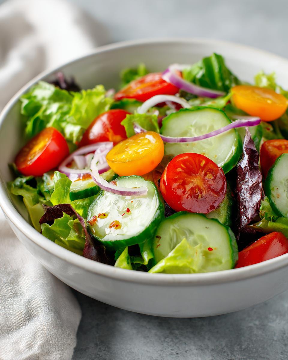 Ensalada de primavera con lechuga, tomates cherry, pepino y cebolla morada en un tazón blanco