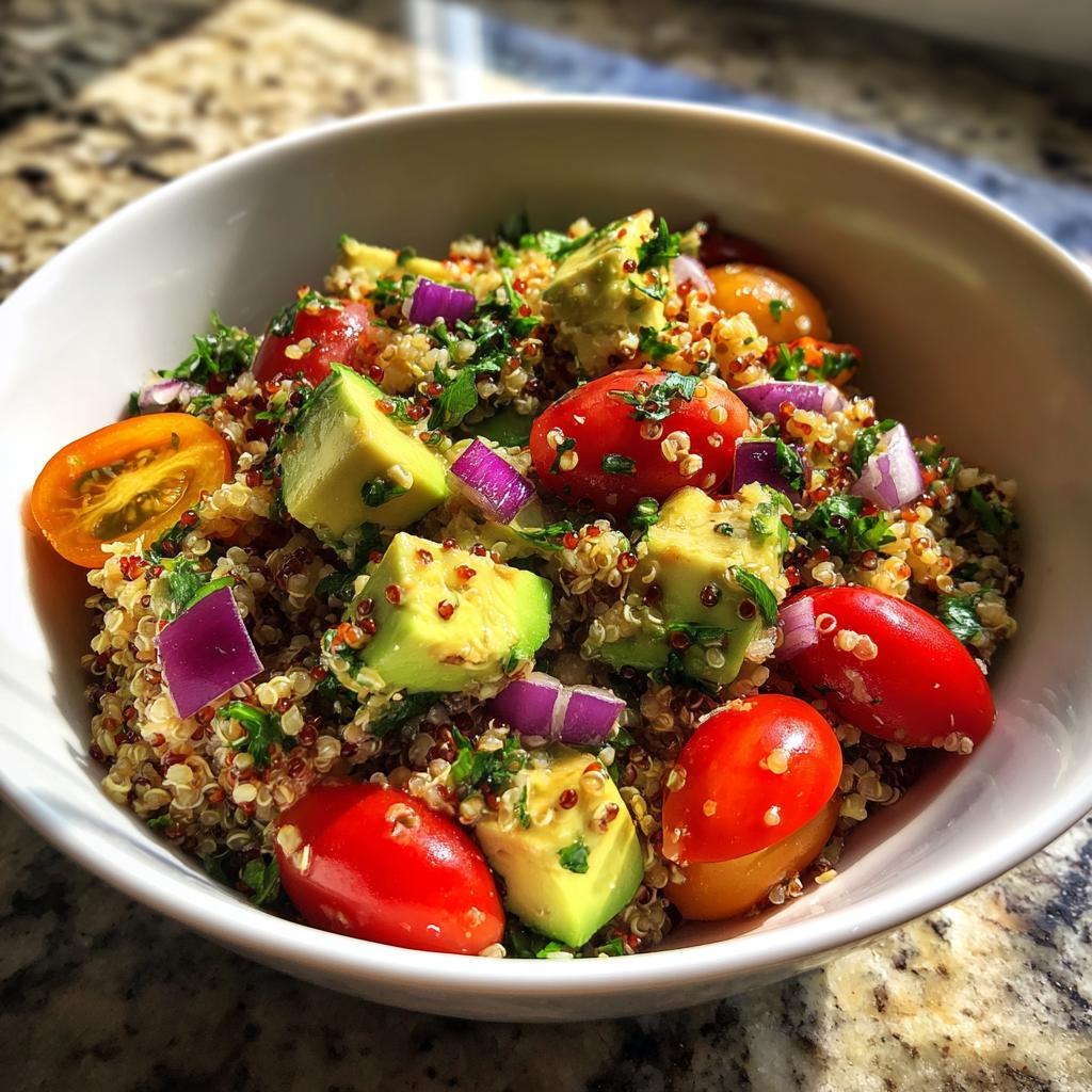 Ensalada de quinoa con aguacate, tomate cherry y cebolla morada en un bol blanco, cena rápida saludable