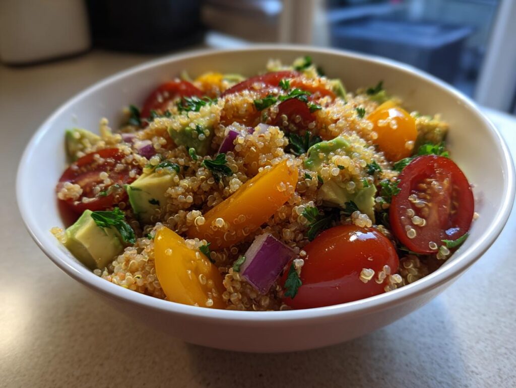 Ensalada de quinoa con tomates cherry, aguacate y cebolla morada en un bol blanco para cena rápida saludable