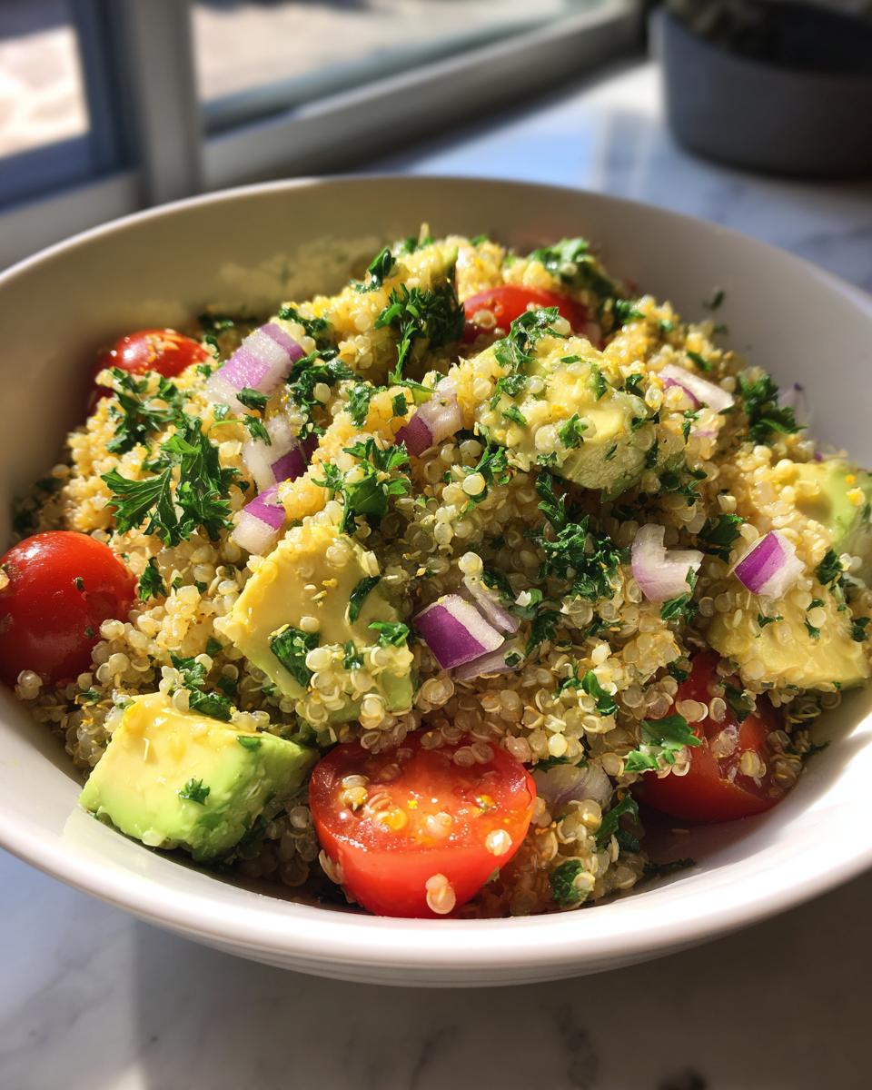Ensalada de quinoa con aguacate, tomate cherry, cebolla morada y perejil en un bol blanco.
