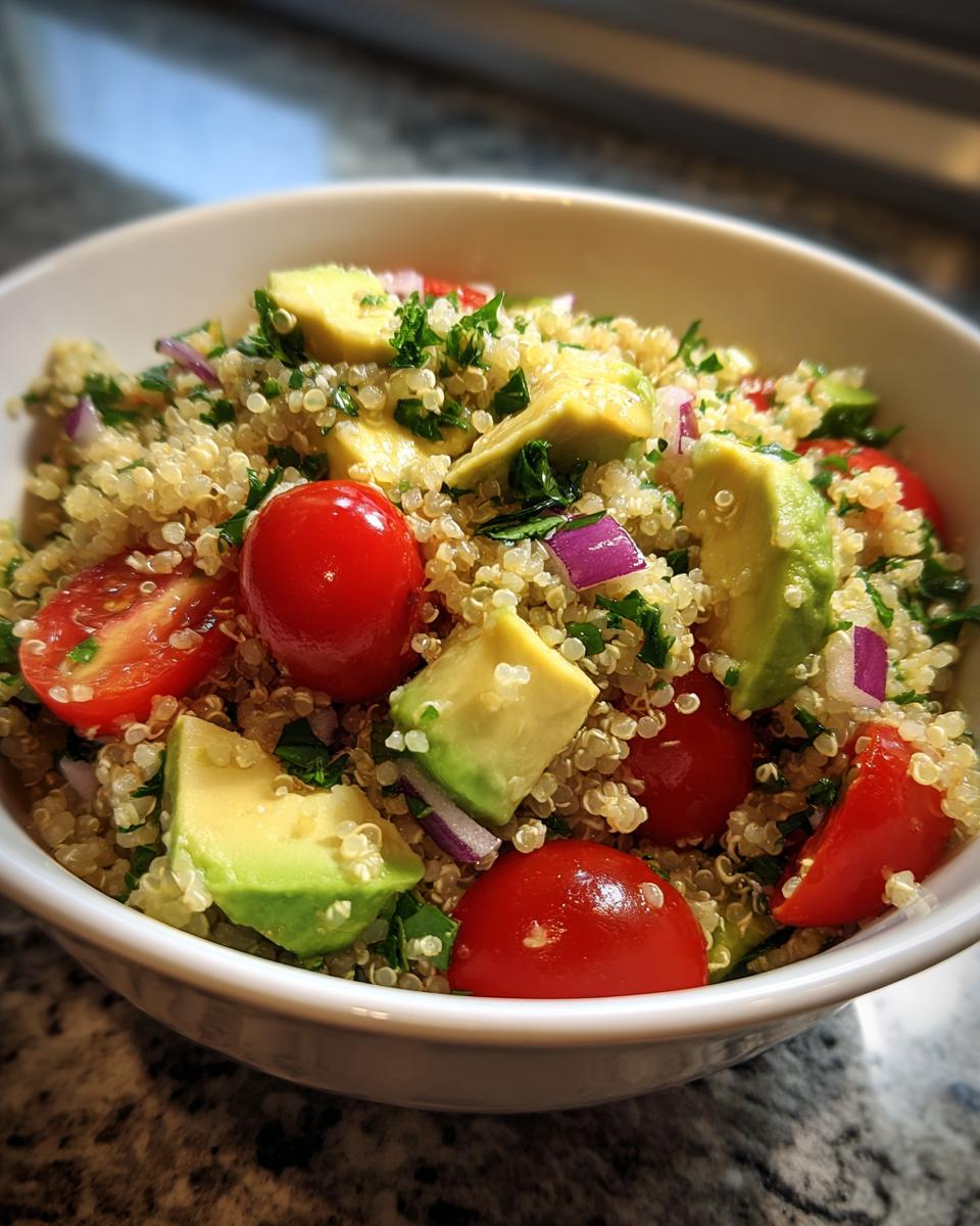 Ensalada de quinoa con aguacate, tomate cherry y cebolla morada en un bol blanco
