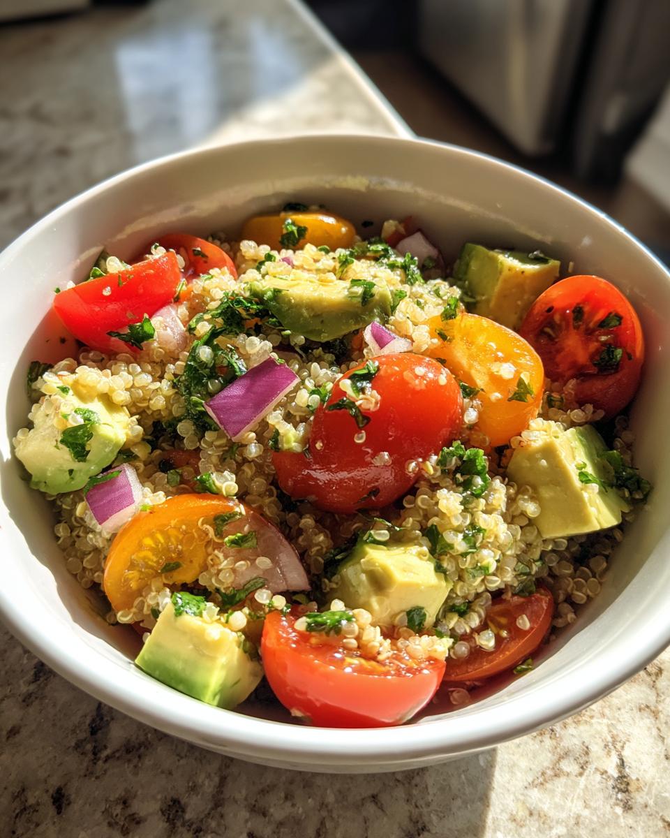 Ensalada de quinoa con tomate cherry, aguacate y cebolla morada en un bol blanco.