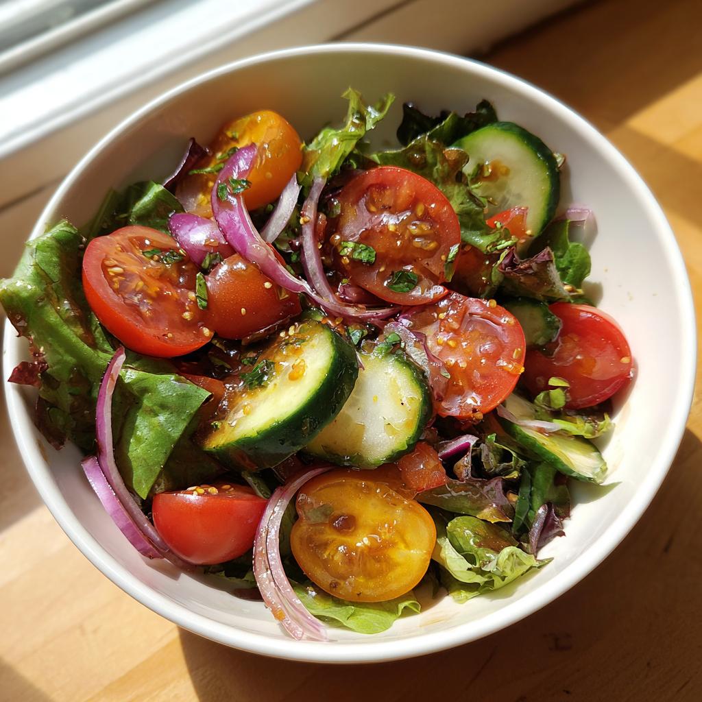 Ensaladas de primavera con tomates cherry, pepino, cebolla roja y hojas verdes en un bol blanco