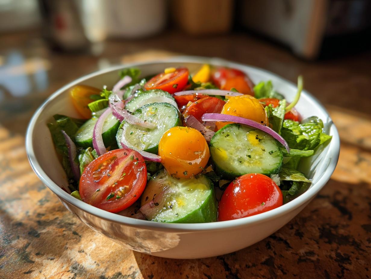 Ensaladas de primavera con tomates cherry, pepino, cebolla morada y lechuga en un bol blanco.