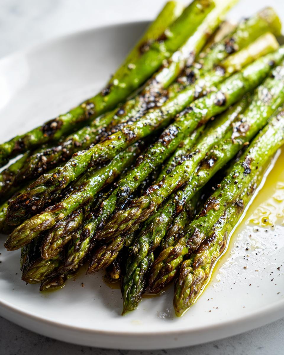 Espárragos verdes asados con aceite y pimienta en un plato blanco.