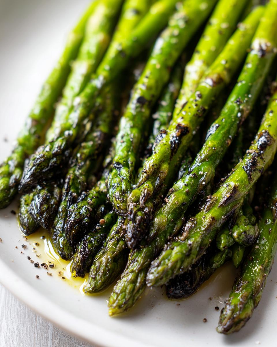 Espárragos verdes a la parrilla con aceite y pimienta en un plato blanco.