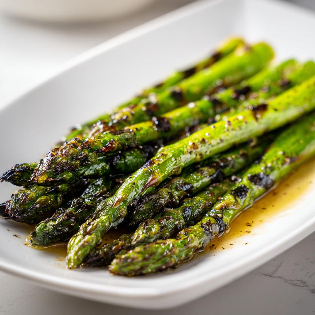 Plato con espárragos verdes a la parrilla con especias y aceite, receta con espárragos verdes