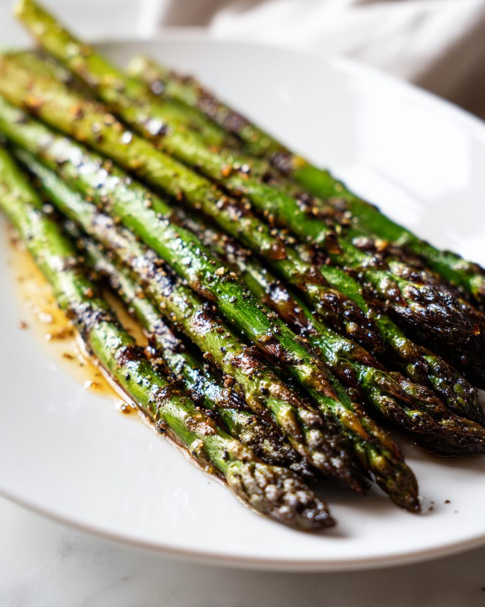 Espárragos verdes a la parrilla con especias servidos en un plato blanco.