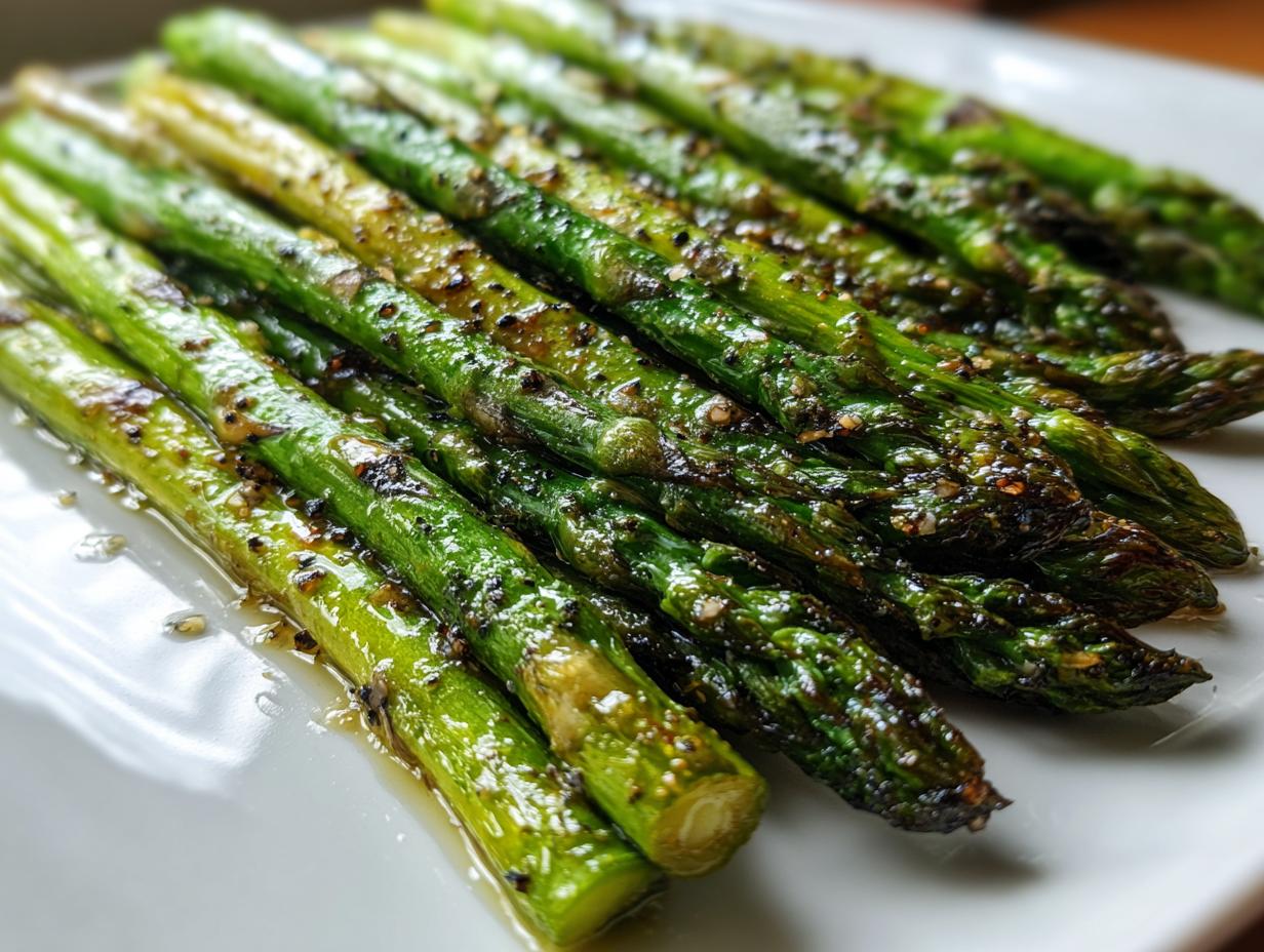 Espárragos verdes asados con especias y aceite en un plato blanco.