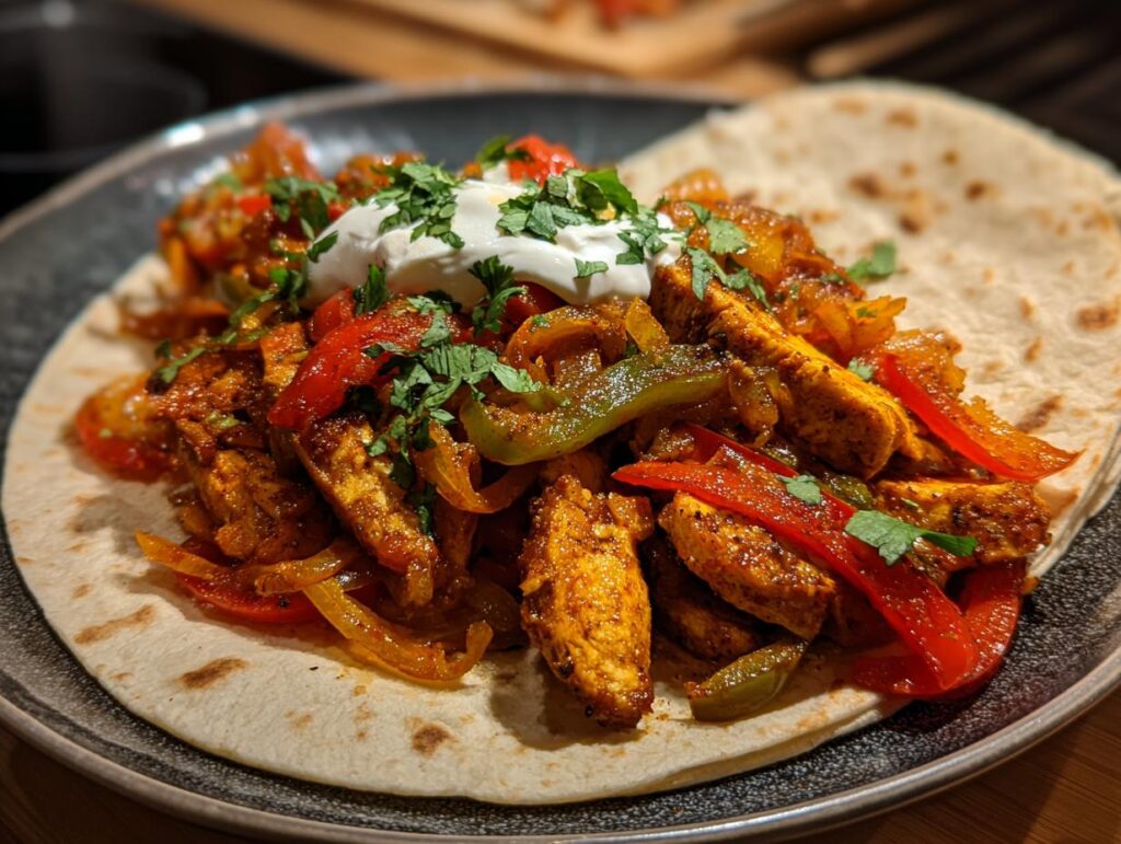 Fajitas de pollo con tiras de pimientos y cebolla en tortilla con crema y cilantro
