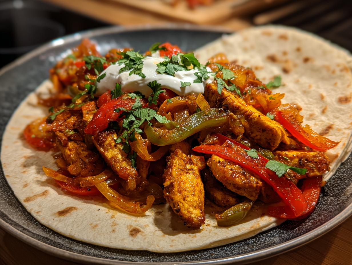 Fajitas de pollo con tiras de pimientos y cebolla en tortilla con crema y cilantro
