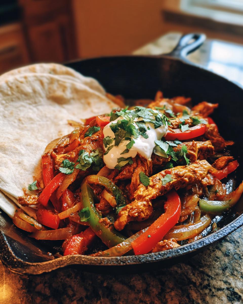 Sartén con fajitas de pollo, pimientos rojos y verdes, cebolla y tortillas al lado.