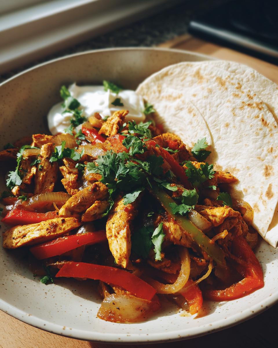 Plato con fajitas de pollo, pimientos, cebolla, cilantro y tortillas al lado.