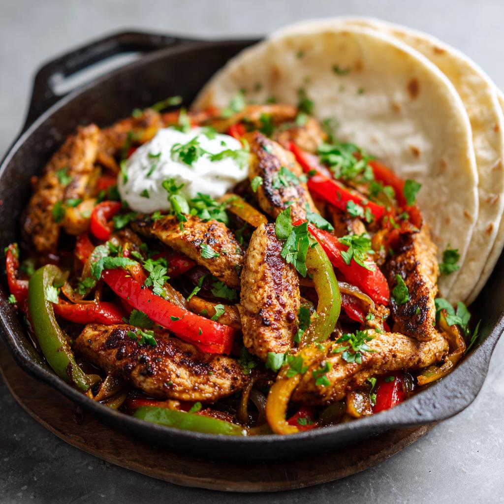 Fajitas de pollo con tiras de pimientos rojos y verdes, crema y tortillas en sartén de hierro