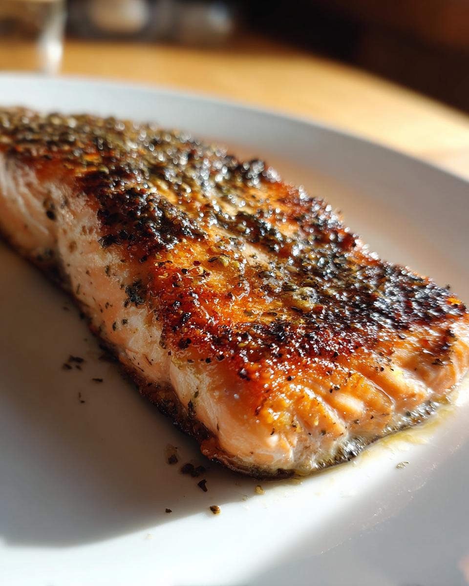 Filete de salmón a la plancha con corteza dorada y especias sobre plato blanco.