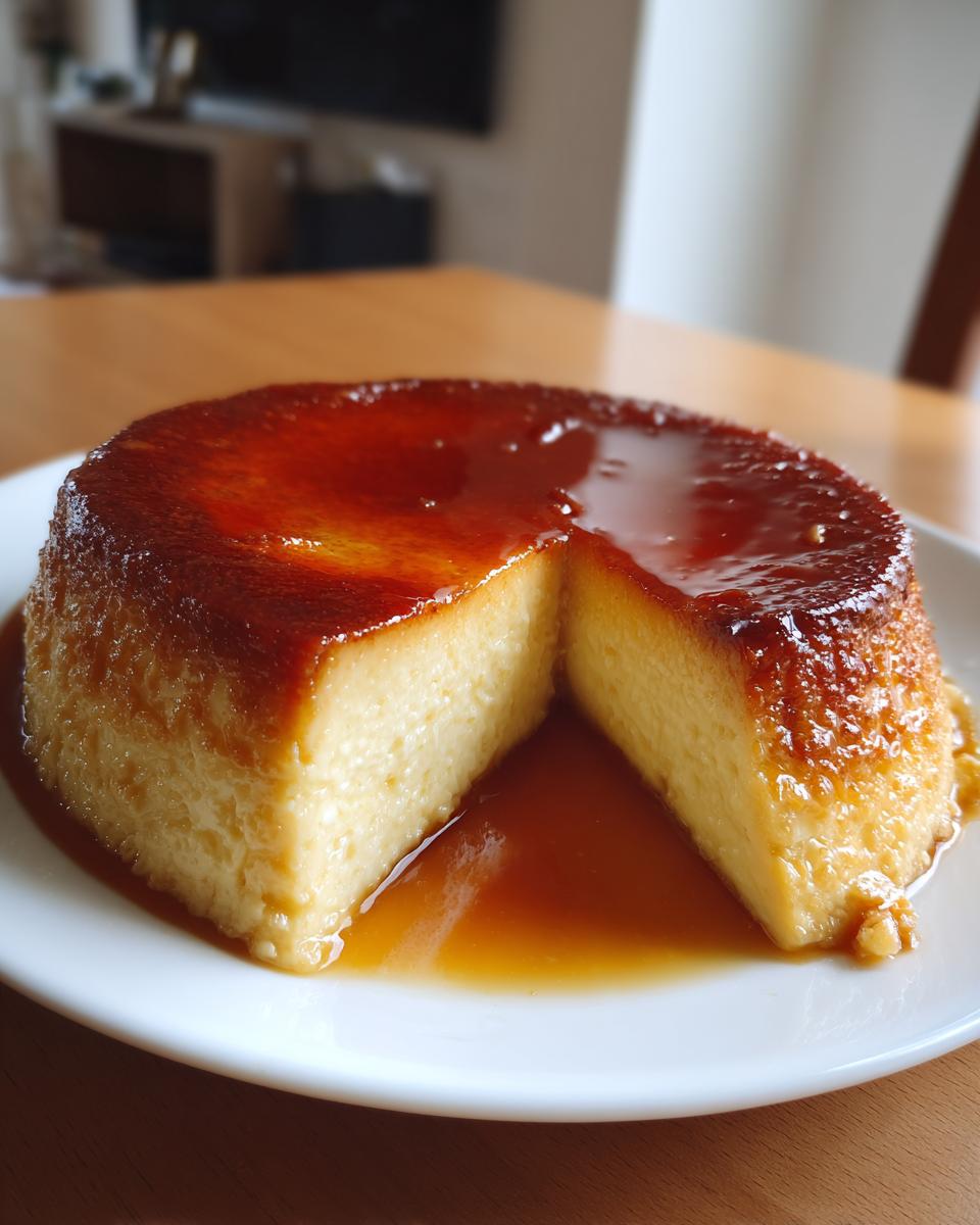 Flan casero con textura cremosa y caramelo brillante servido en plato blanco