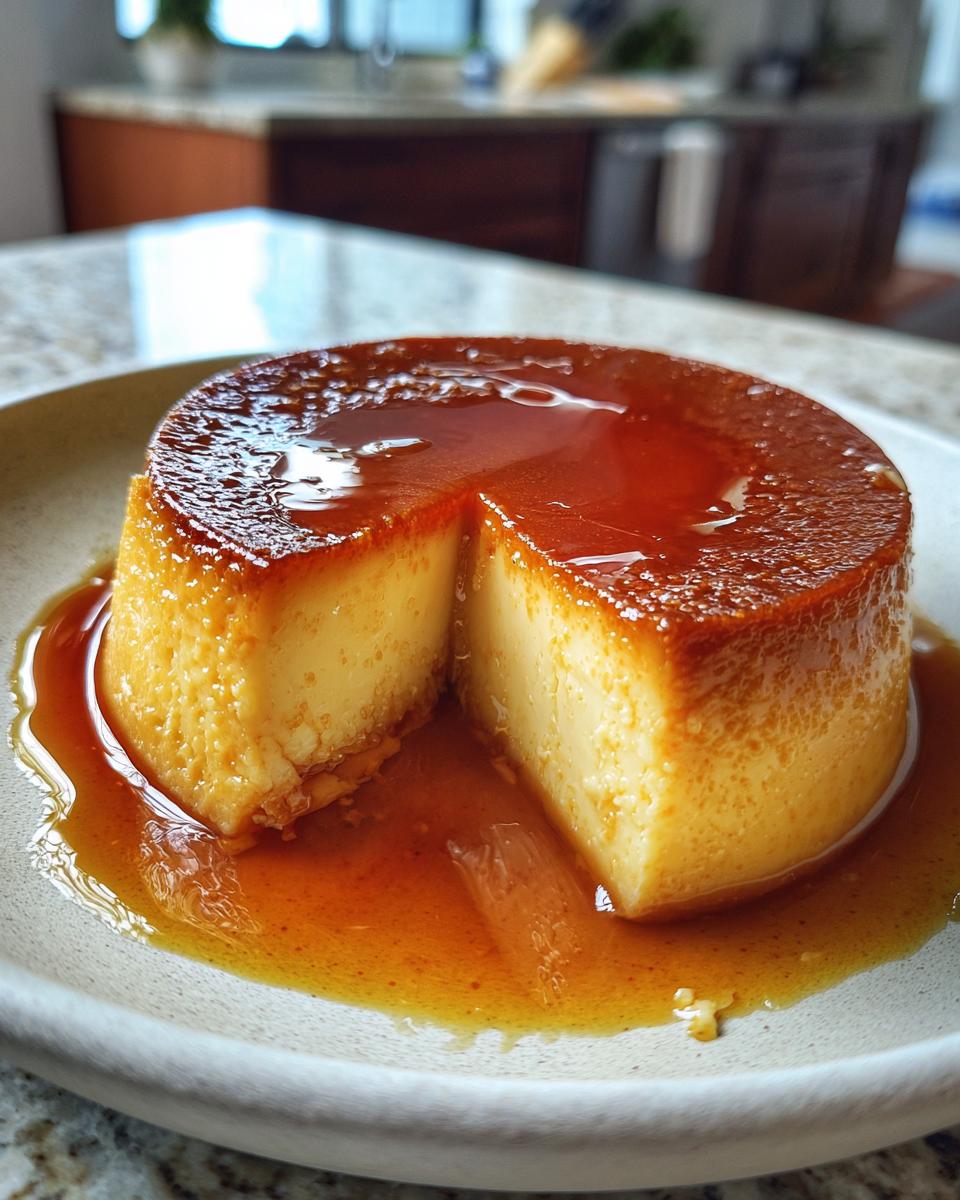 Flan casero con textura cremosa y caramelo líquido en un plato blanco.