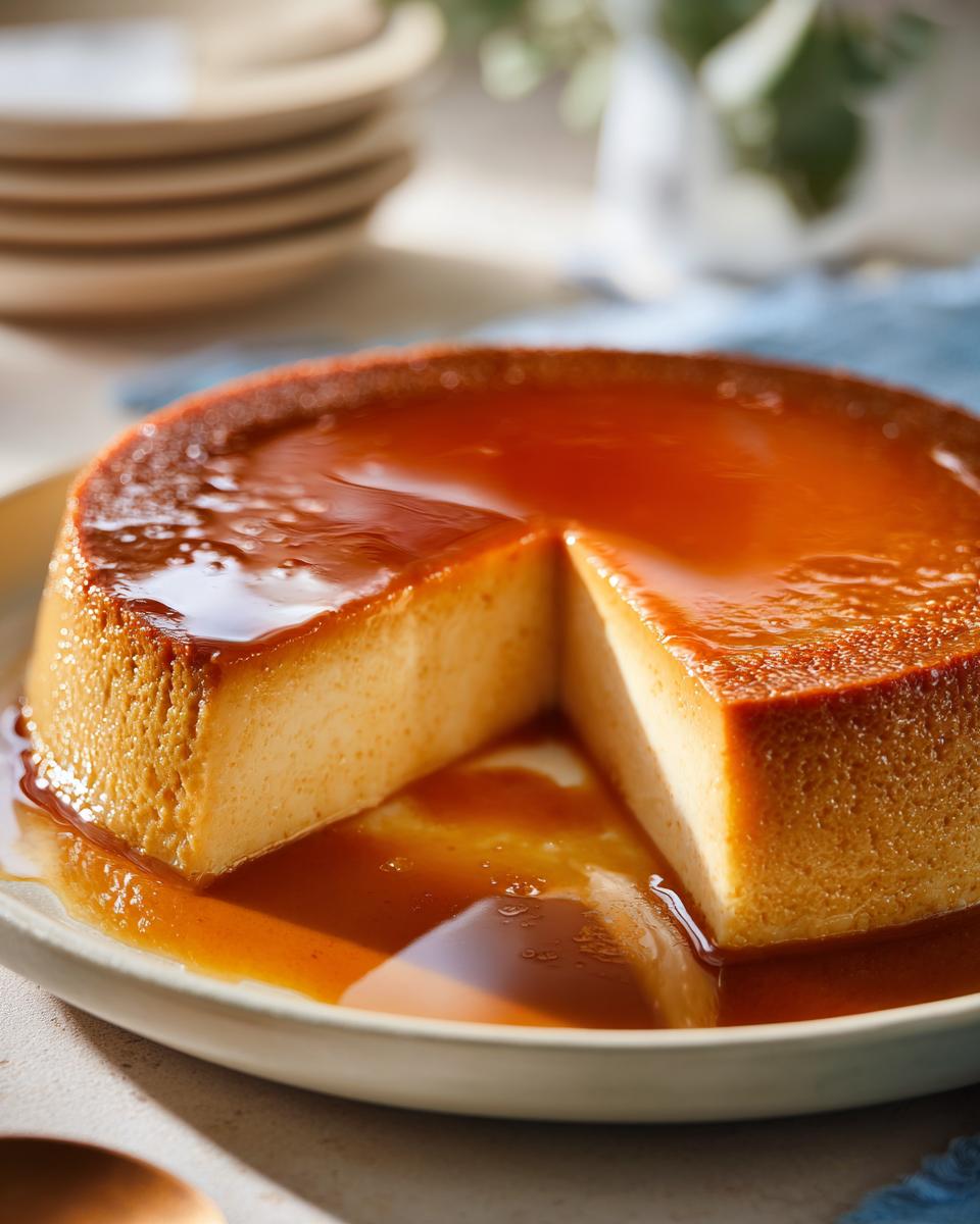 Flan casero con textura cremosa y caramelo brillante servido en plato blanco