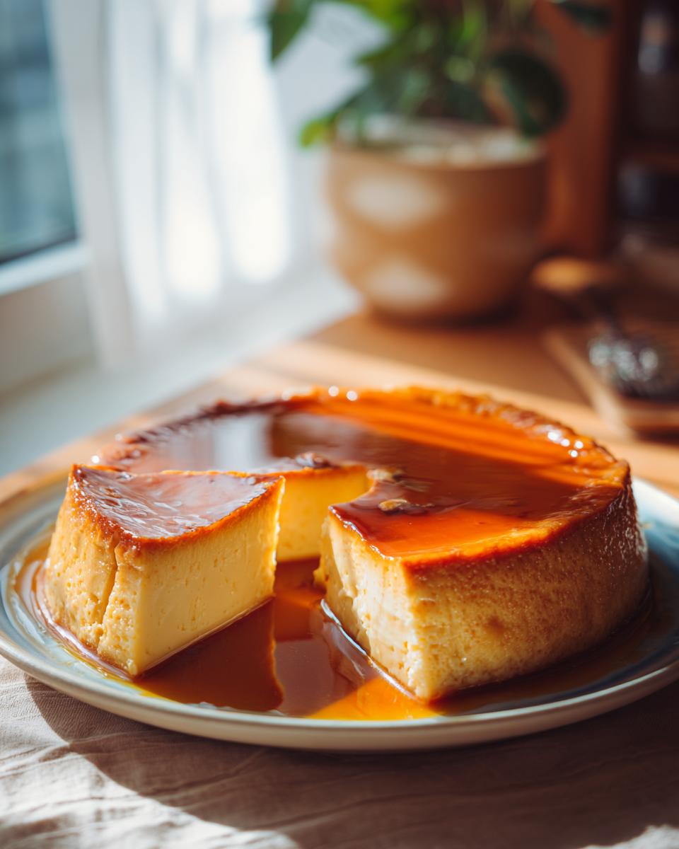 Flan casero con textura suave y caramelo líquido en un plato