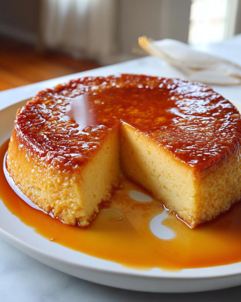 Flan casero con textura cremosa y caramelo líquido en un plato blanco