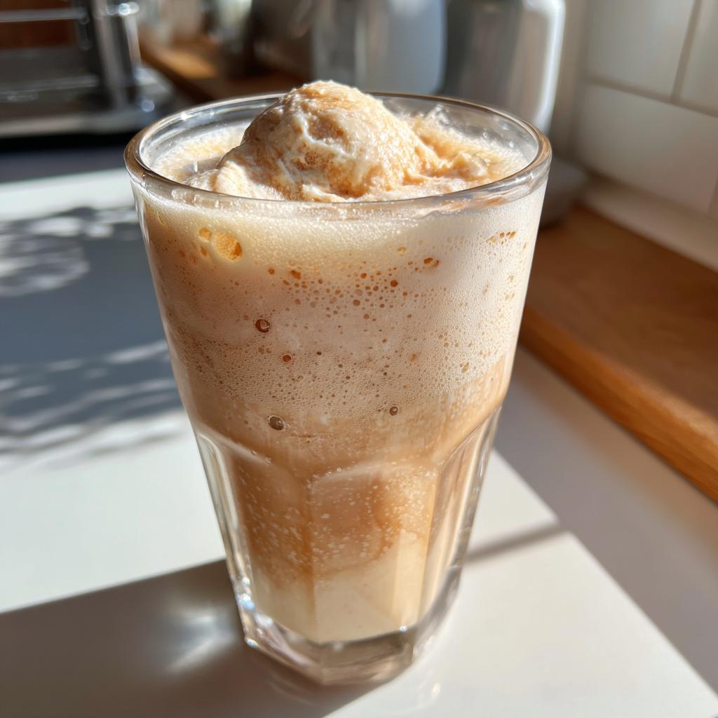 Vaso alto con float de helado con soda rebel, espuma y bola de helado encima.