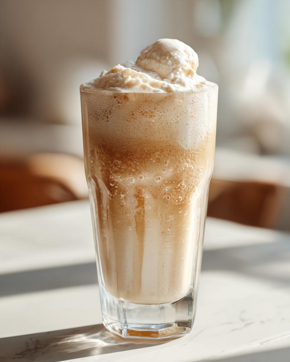 Vaso alto con float de helado con soda rebel, espuma y helado cremoso encima