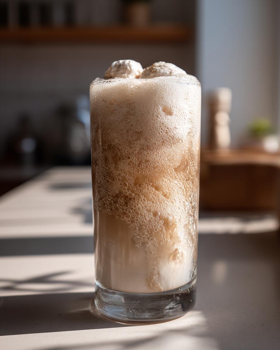 Vaso alto con float de helado con soda rebel, con espuma y bolas de helado visibles