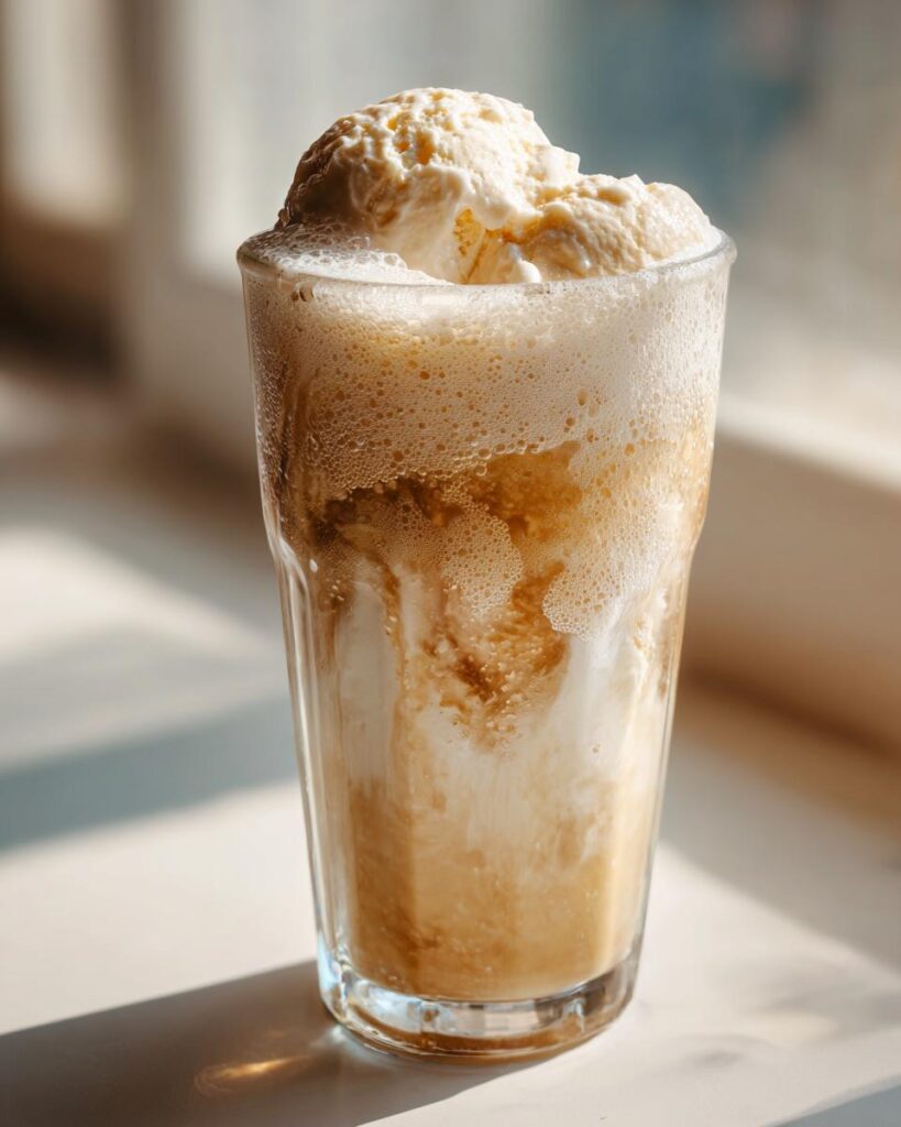 Vaso alto con float de helado con soda rebel, espuma y helado cremoso encima