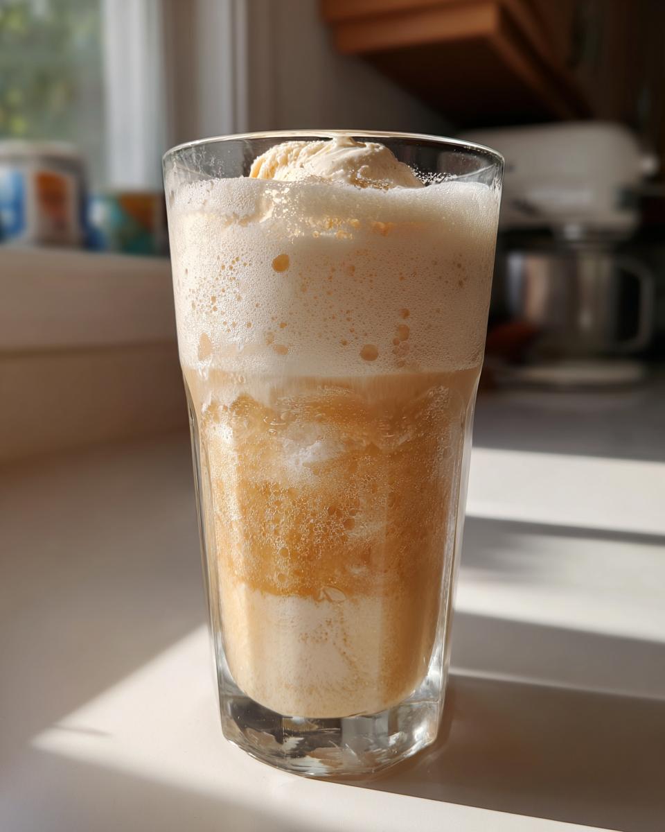 Vaso con float de helado con soda rebel con espuma y helado visible