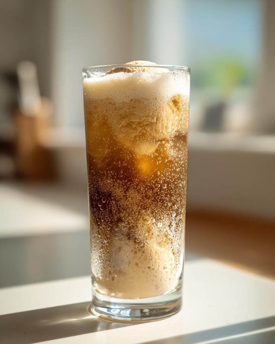Vaso alto con float de helado con soda rebelde burbujeante y espuma cremosa