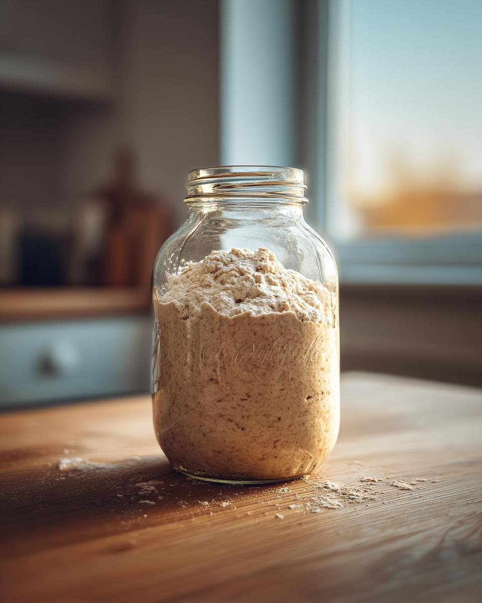 Frasco de vidrio con masa madre para principiantes sobre mesa de madera en cocina