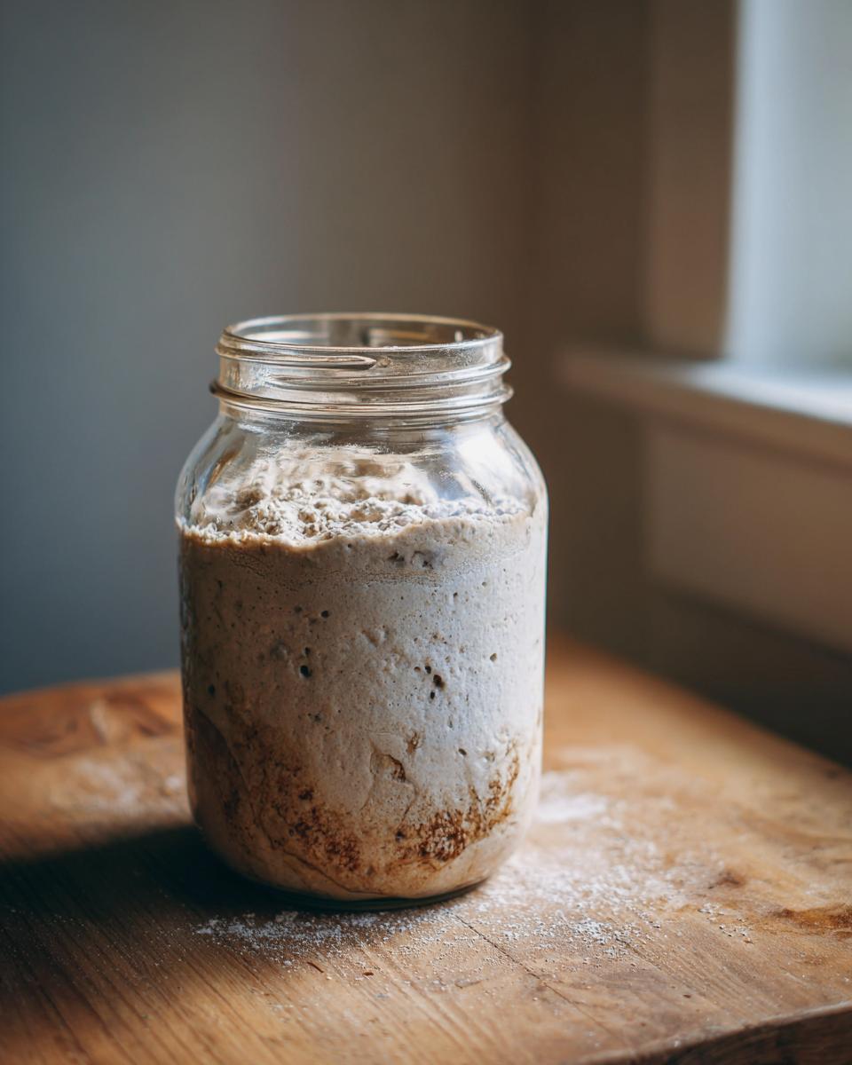 Frasco de vidrio con masa madre para principiantes burbujeante sobre mesa de madera