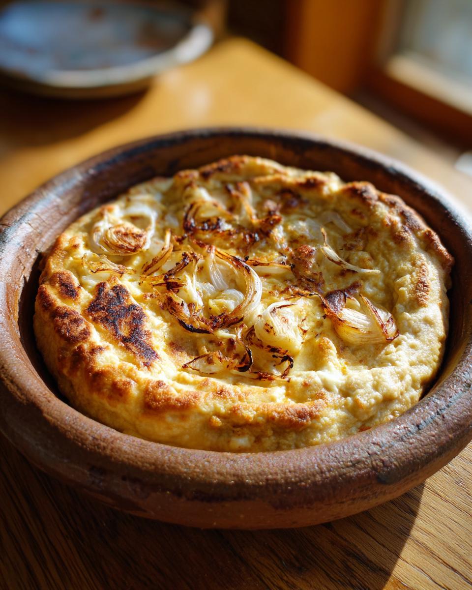 Frijoles refritos caseros en cazuela de barro con cebolla caramelizada encima