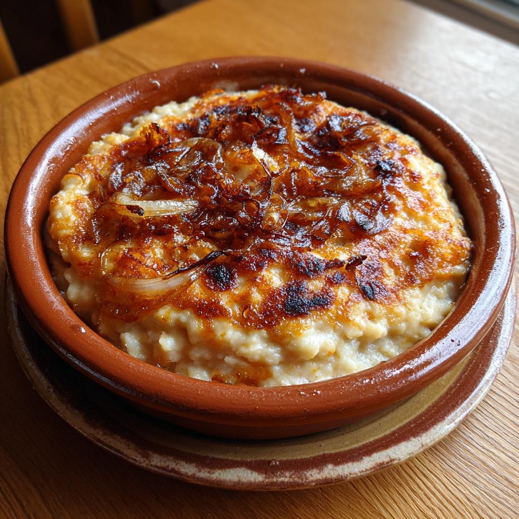 Frijoles refritos caseros en cazuela de barro con cebolla caramelizada dorada encima