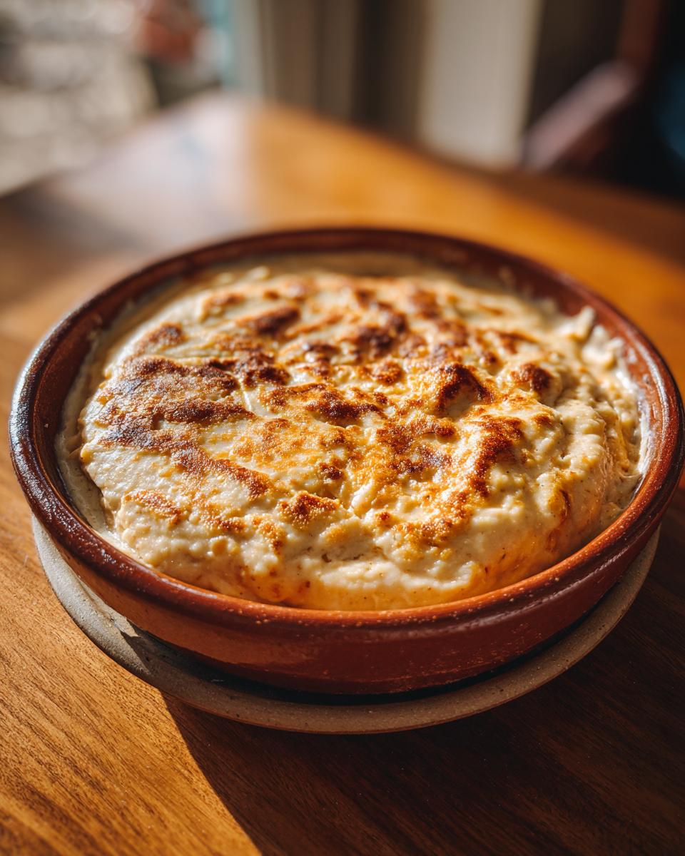Frijoles refritos caseros gratinados servidos en cazuela de barro sobre mesa de madera