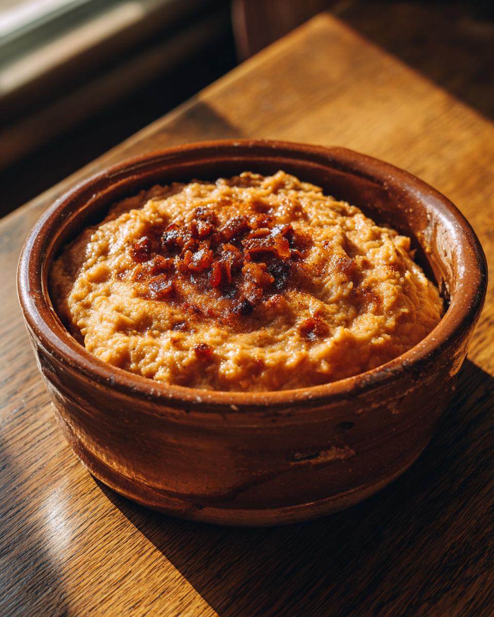 Frijoles refritos caseros servidos en una cazuela de barro con trozos dorados encima