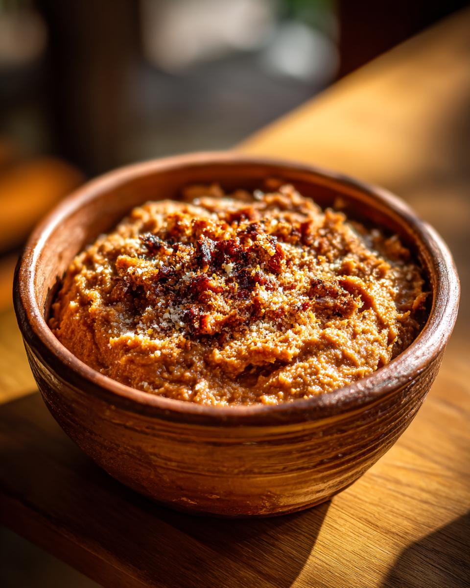 Frijoles refritos servidos en una cazuela de barro con trozos dorados encima