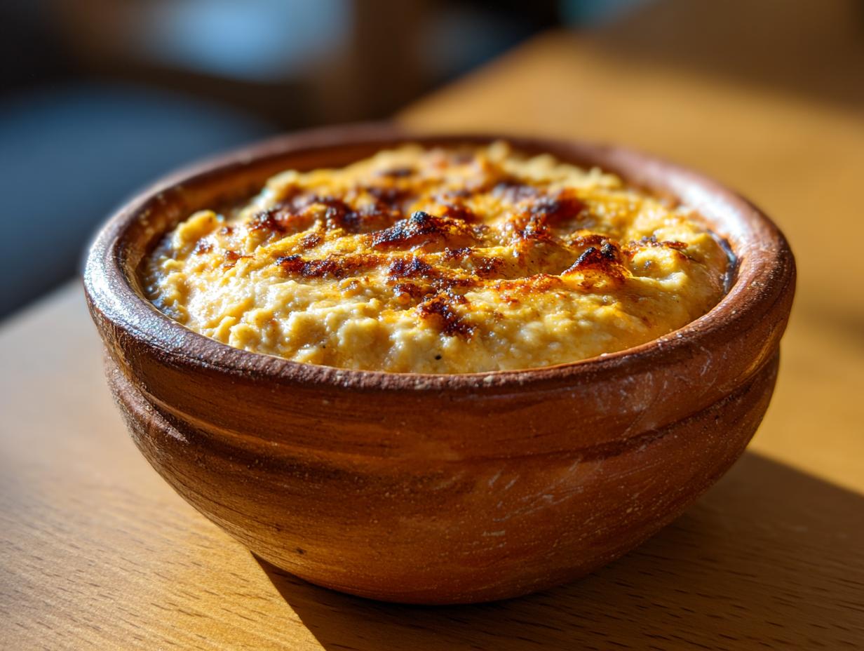 Frijoles refritos caseros con costra dorada en cazuela de barro sobre mesa de madera.