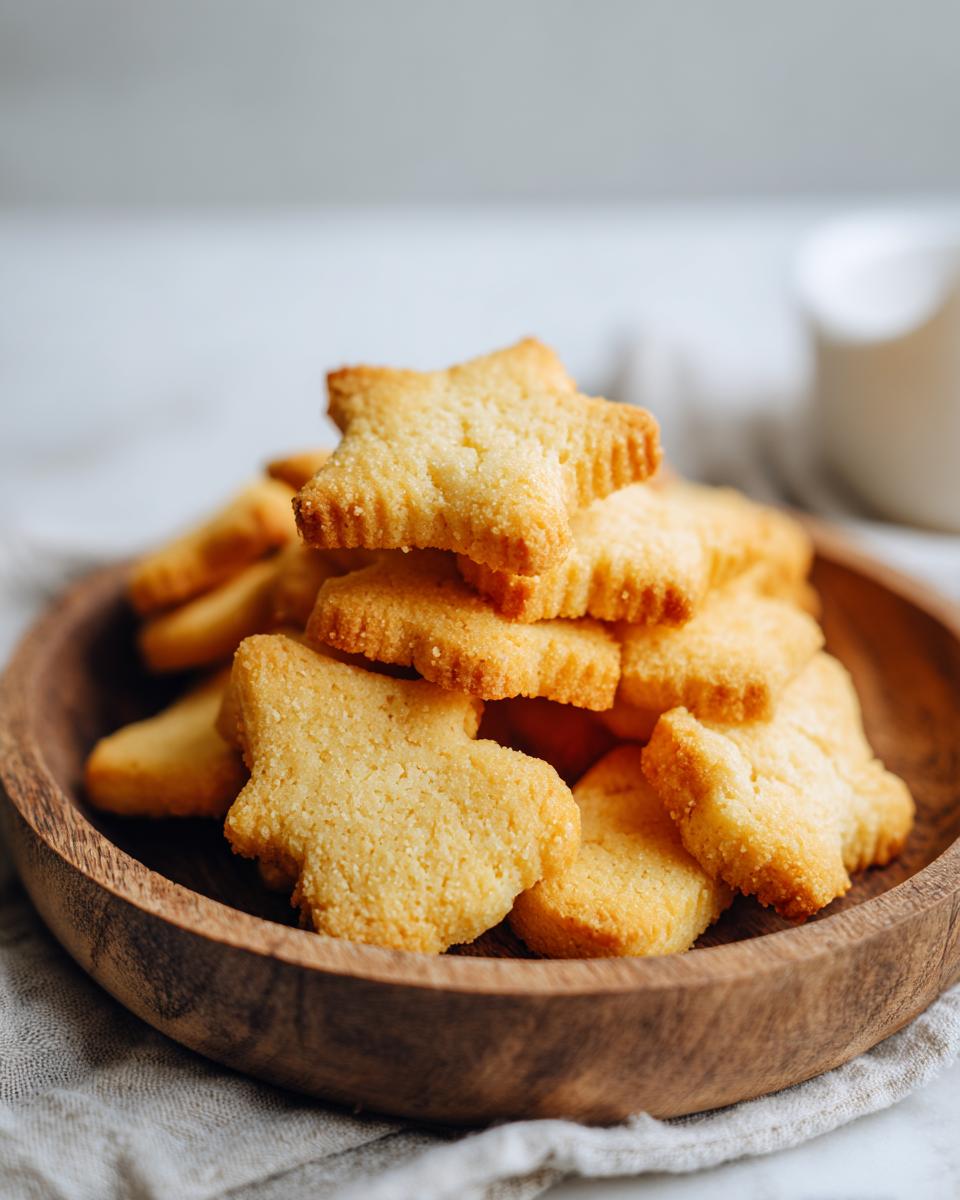 Galletas caseras en formas de estrella y corazón en un plato de madera, recetas para Día del Niño
