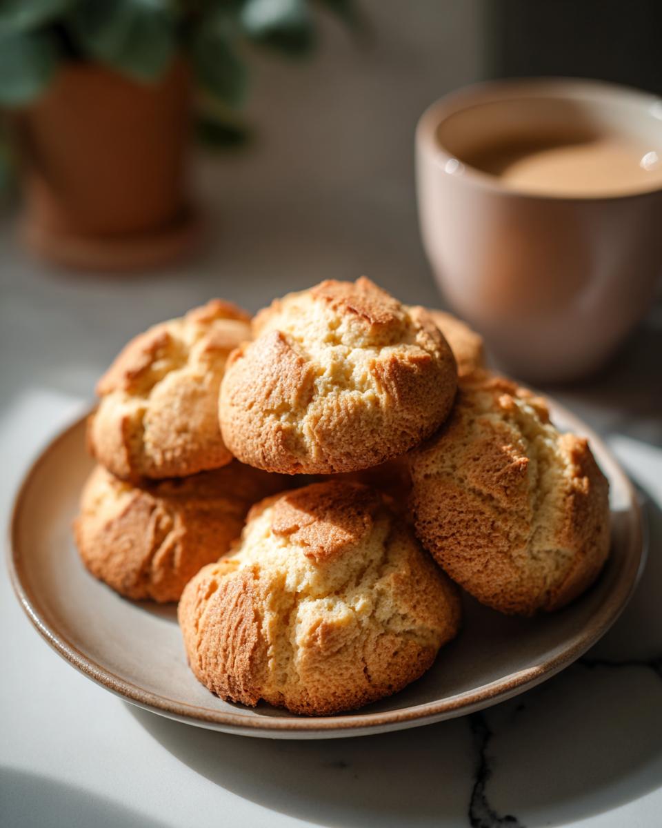 Plato con galletas caseras doradas y crujientes junto a una taza de café.
