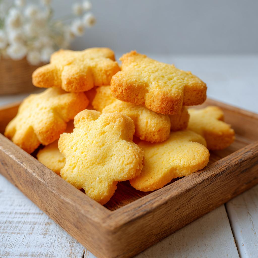 Galletas caseras en forma de flores en una bandeja de madera, ideales para recetas para Día del Niño